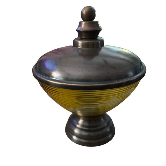 Vintage Mid Century Modern Glass Metal Candy Dish Large 7.5" Diameter Yellow Brn - Picture 6 of 11